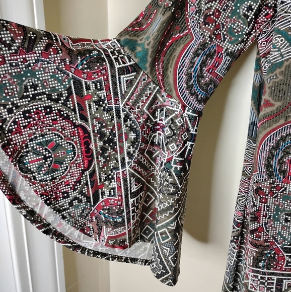 Vintage Boho Bell Sleeve Dress 1X Olivia Matthews Stretch Knit Fall Retro - Picture 5 of 8